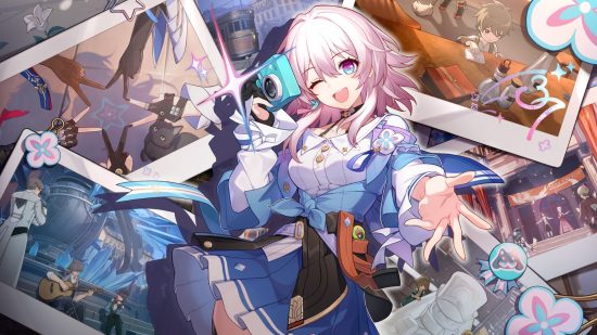 Honkai Star Rail check-in - March 7th winking and reaching her hand out while holding a camera in front of a bunch of photos