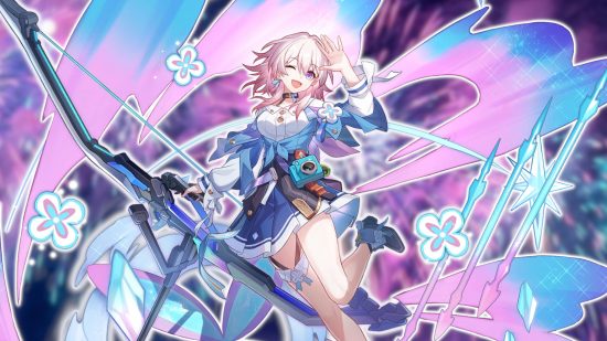 Honkai Star Rail Departure Festival: March 7th's splash art outlined in white and pasted on a blurred image of the Departure Festival fireworks.