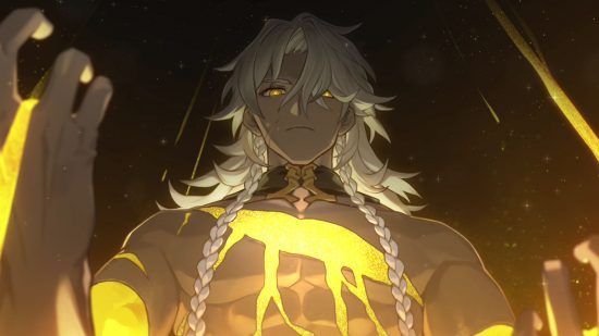 How to raise Honkai Star Rail equilibrium level - an Aeon with white hair, golden eyes, and golden magma across his chest