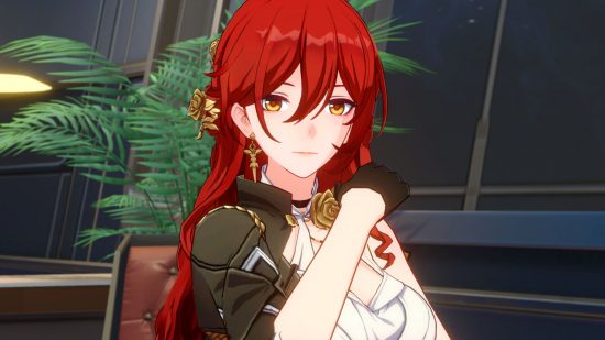 Honkai Star Rail Himeko smiling with her hand by her face
