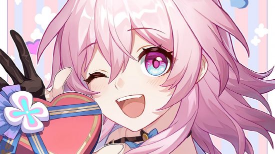 Honkai Star Rail pre-download - March 7th holding a heart-shaped box and doing the peace sign