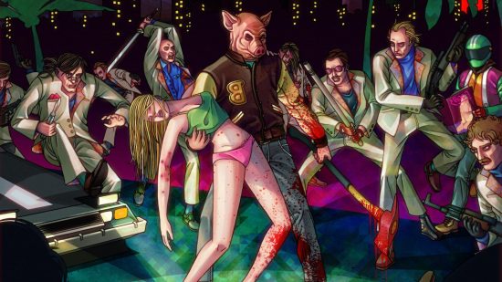 Hotline Miami Jacket art showing a man in a pig mask wearing a varsity jacket with a B on it holding an unconscious woman in a green tank top and underpants surrounded by men in white suits looking to use their many weapons on him.