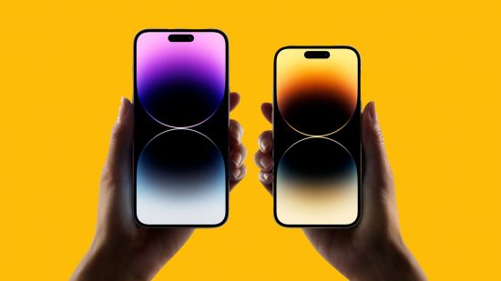 Apple iPhone 15 leaks and rumours header showing two phones held in hands against a yellow background. one on the left has a purple, black and silver background, one on the right has a golden, black, and orange background, both abstract.