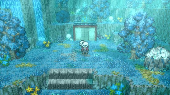 Infinite Mana Kickstarter — pikselowa postać z białymi włosami związanymi w kucyk stoi w czymś, co wygląda jak podwodna scena, otoczona wodną roślinnością i dziwnymi kolorami.