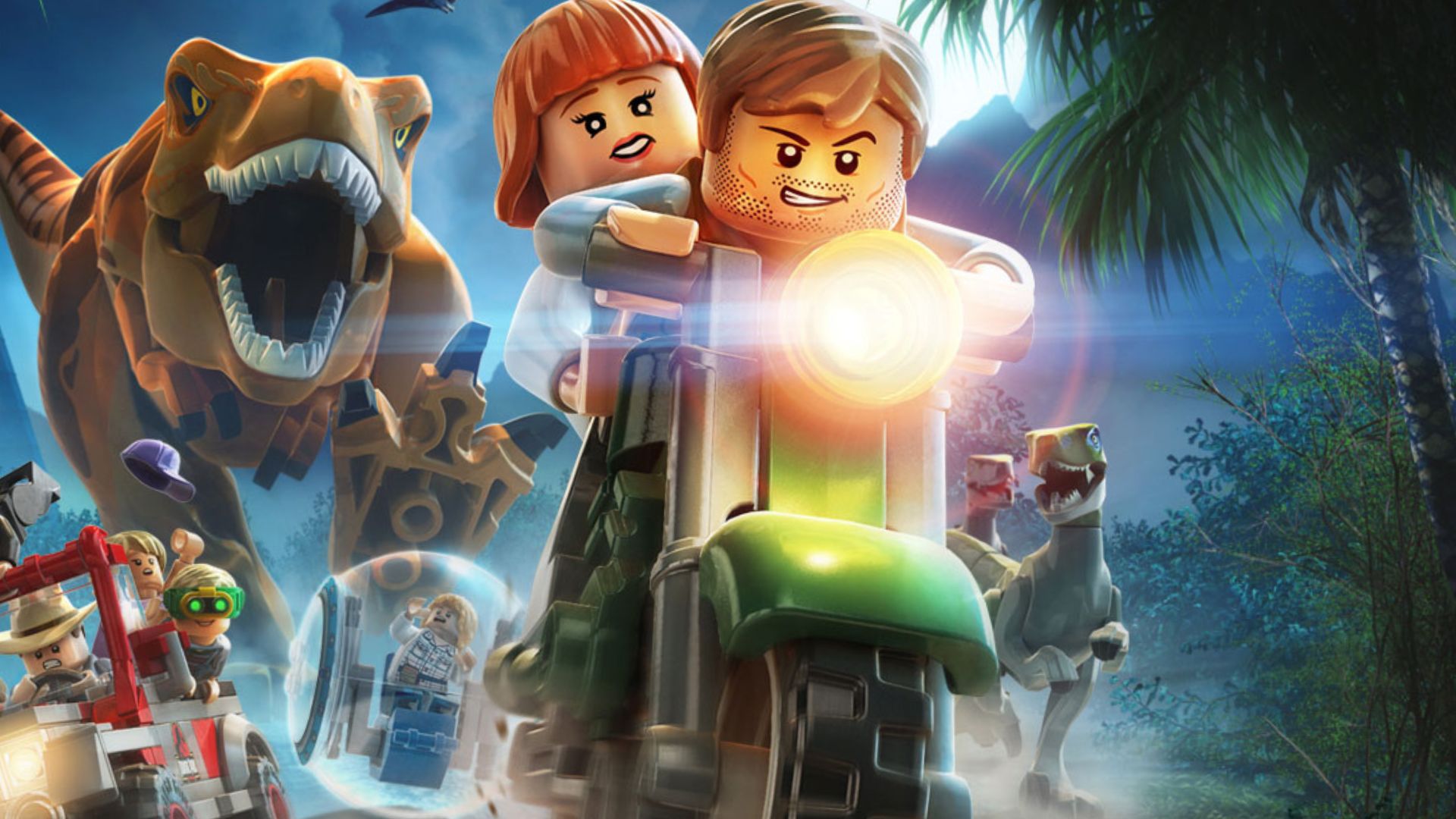 Jurassic World games - two lego characters on a motorbike running away from a giant T-rex coming out of the fog in the jungle.