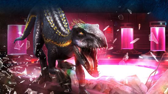 Jurassic World games - a t-rex in a science experiment surrounded by red lights as it smashes some glass.