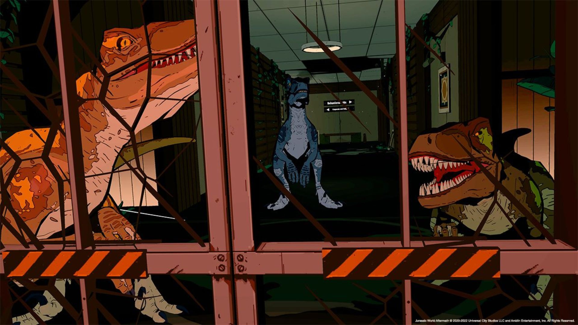 Jurassic World games - three t-rex behind some bars in a dark corridor, all different colours in a cartoony scene.