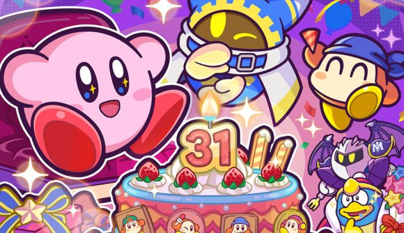 Kirby wallpaper: A piece of art celebrating Kirby's 31st anniversary, featuring Kirby and the gang around a cake