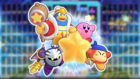 Kirby, King Dedede, Meta Knight i Bandana Waddledee jadący na żółtej gwieździe, obrysowanej na biało, wklejonej na rozmytym tle motywu Tetris 99.