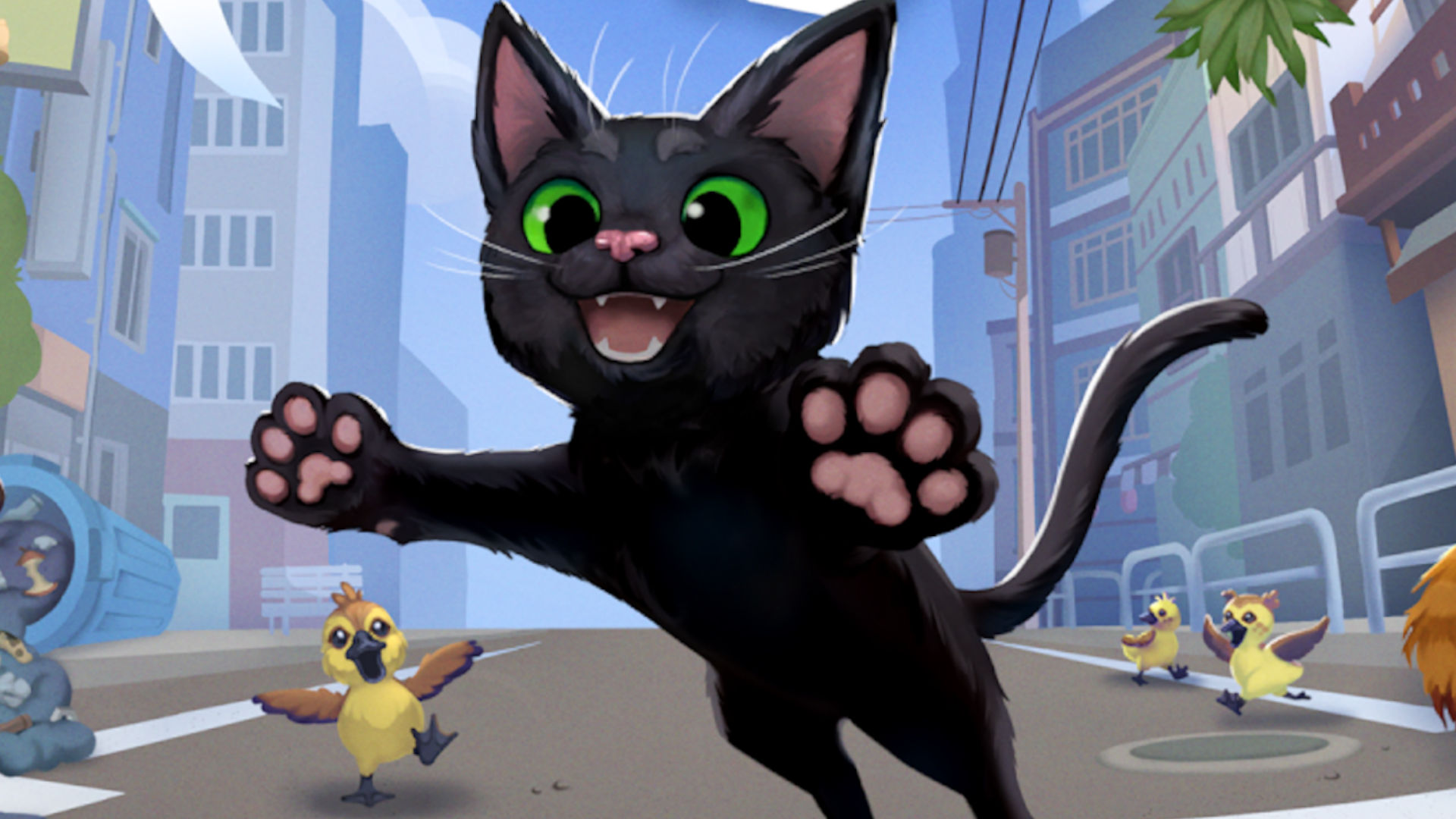 Promotional art of Little Kitty, Big City showing a black cat pouncing