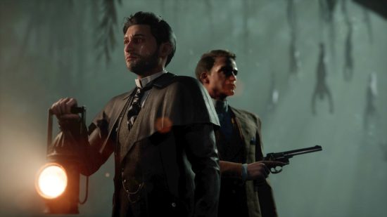 Lovecraft games - holmes holding a torch while watson aims a gun