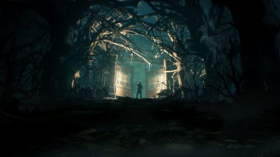 Lovecraft games - dark call of cthulhu key art in a forest witch someone stood at a gate