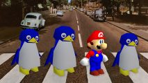 Custom image for Super Mario 64 soundfont news with Mario and Mario 64 penguins recreating the Abbey Road album cover
