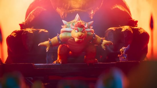Screenshot of Bowser looking over a crowd for Mario movie Japanese screenings news