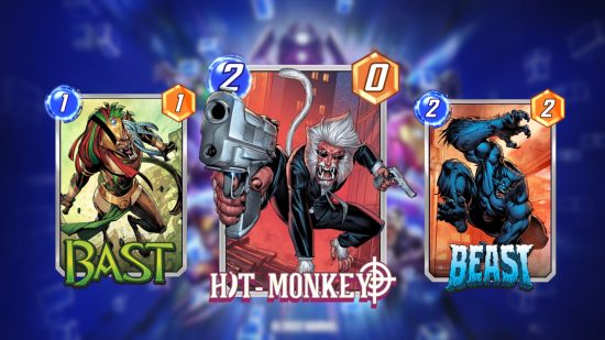 Custom image for Marvel Snap decks guide with Hit-Monkey, Bast, and Beast cards