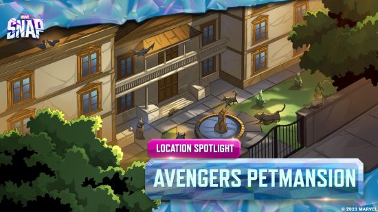 Official art for the Marvel Snap hot location featured location Avengers Pet Mansion.