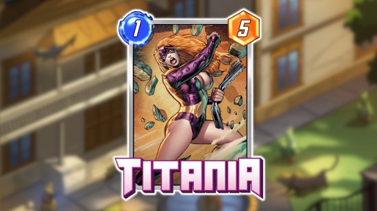 Marvel Snap's Titania card outlined in white and pasted onto a blurred background of Marvel Snap hot location Avengers Pet Mansion.