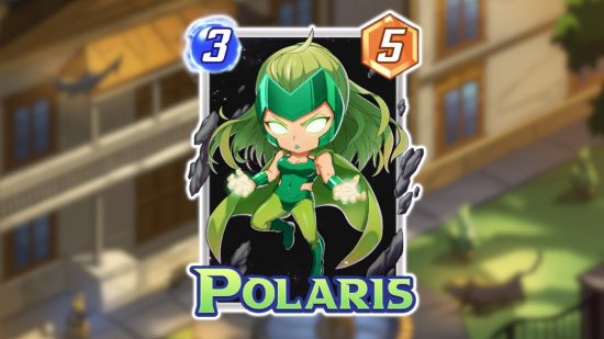 Marvel Snap's Polaris card outlined in white and pasted on a blurred background of the Marvel Snap hot location Avengers Pet Mansion.