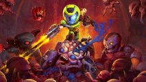 Mighty Doom tier list: key art for the game Mighty Doom shows a chibi version of the slayer killing demons