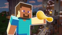 Minecraft Steve holding a giant Pringle to promote the Minecraft Pringles collaboration. Him and the Pringle are outlined in white and pasted on a slightly blurred background of a Minecraft castle.
