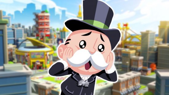 A graphic for the Monopoly Go release debut showing the Monopoly Man looking cute, outlined in white and pasted on a slightly blurred background of one of the Monopoly Go boards.