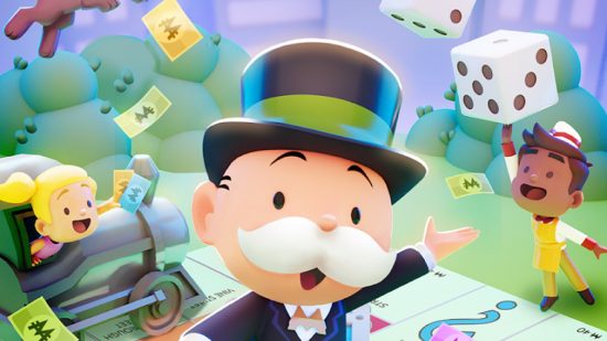 Monopoly Go free dice - a man with a big white moustache and a top hat throwing some dice