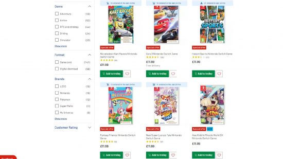 Nintendo Switch code in a box: a shop listing sows several games listed, all available only as a code in a box