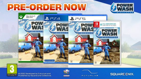 Nintendo Switch code in a box: promotional art shows the release schedule for Power Wash Simulator, with only the Switch version being a code in a box