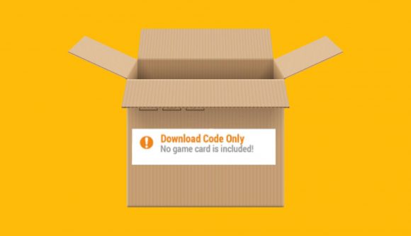 Nintendo Switch code in a box: a cardboard box is shown against a yellow background
