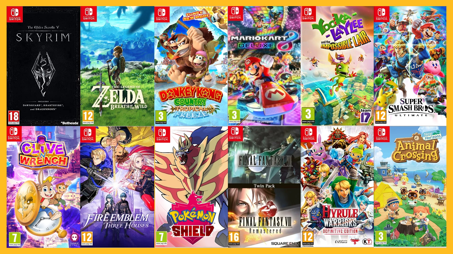 Nintendo Switch review image show a vast selection of games on the system, including Skyrim, Breath of the Wild, Mario Kart 8 Deluxe, Fire Emblem: Three Houses, and many others.