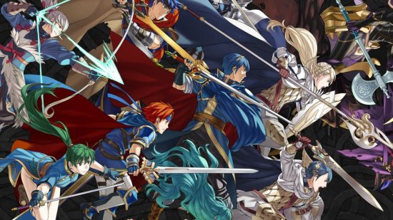 Nintendo Systems launch - loads of characters from Fire Emblem, all wearing various fantastical attire and wielding swords and spears and whatnot, flying through the air in a large group on a black background.