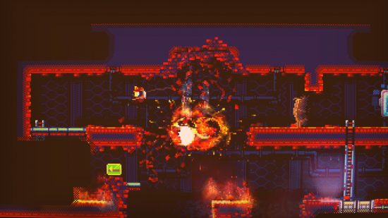 Jumping across a gap with fire falling from the ceiling in Nuclear Blaze for Nuclear Blaze Switch review 