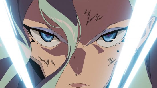 Omega Strikers cinematic opening: A close-up of Estelle in the cinematic trailer, animated by Studio Trigger.