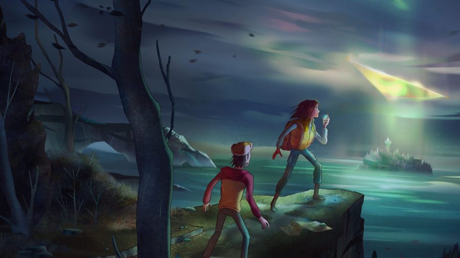 Oxenfree 2 hero showing two people stood on an outcrop over a stormy sea with a large triangle portal in the distance letting light cascade on an island or a boat.