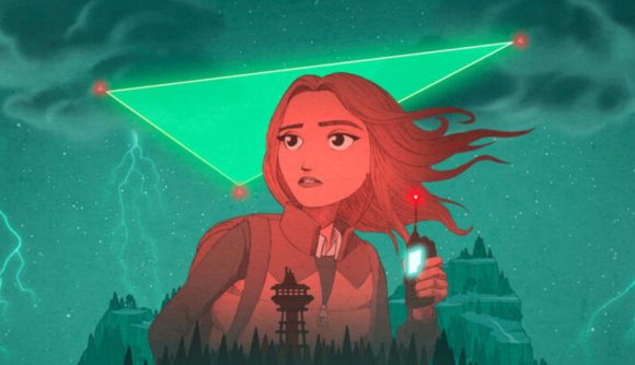 Oxenfree 2 release date key art showing a woman silhouetted red with eyes looking in the distance and hair blowing in the wind. She is holding a walkie talkie, and up above her a large green neon triangle shines bright in this watery, submerged artwork.