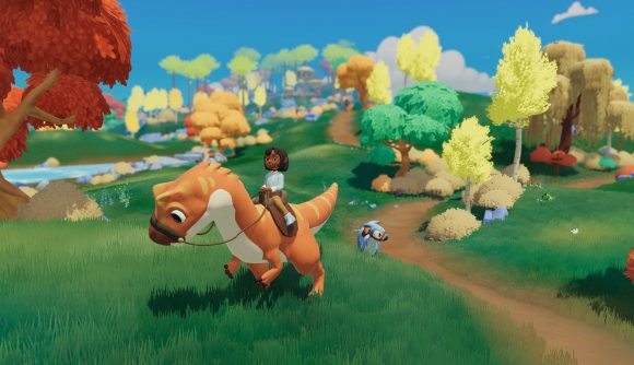 Paleo Pines Switch release date - a person riding an orange dinosaur