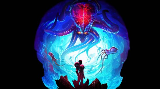 Phazon Metroid Saga: kluczowa grafika przedstawia Samusa stojącego wysoko, podczas gdy Prime Metroid unosi się nad nim