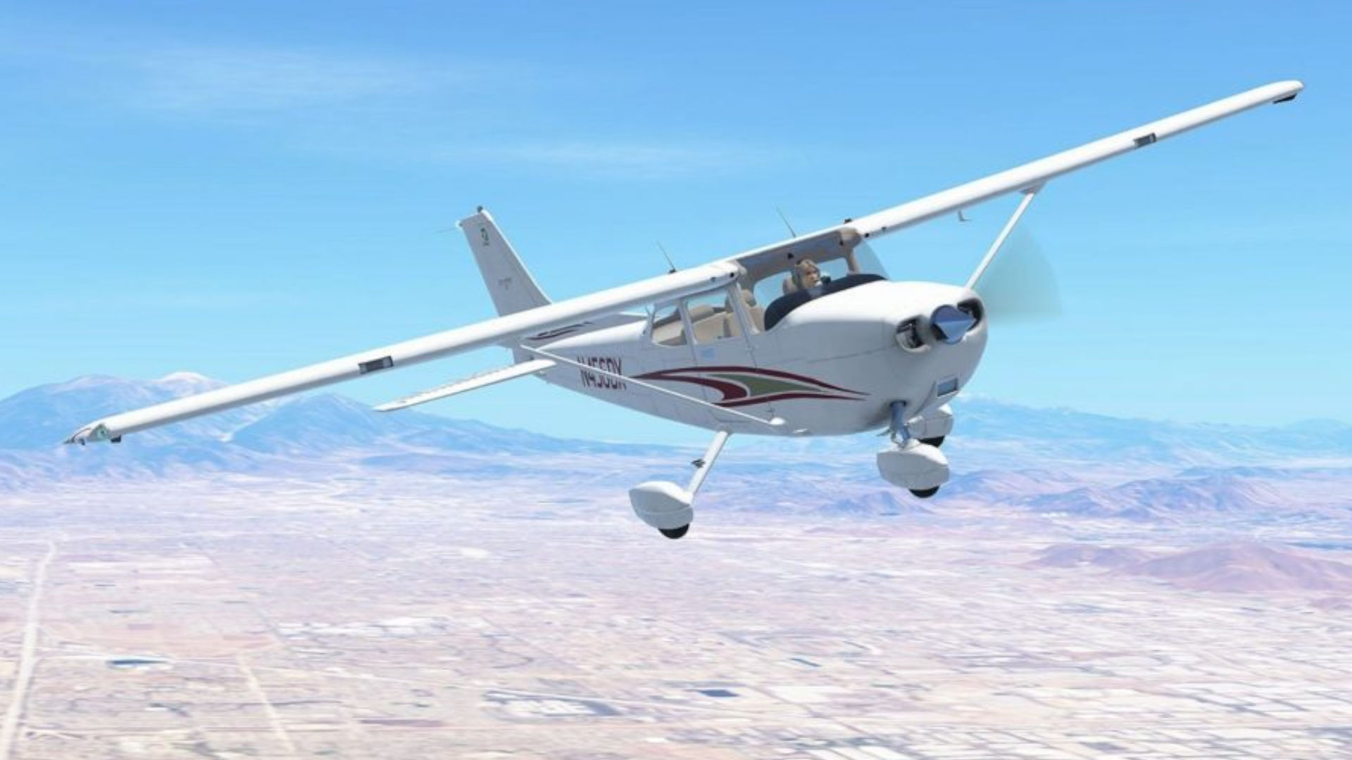 Screenshot di un piccolo aereo su un paesaggio polveroso nel volo infinito per la guida ai giochi aerei