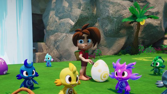 Poglings kickstarter art showing a boy with a bucktooth and long overhaniging brown hair in a red shirt and brown shorts with no shoes by an egg on some grass in front of a white rock face and waterfall surrounded by a handful of colourful, baby dragon-type things.