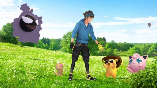 Pamiątka z Pokémon Go: Grafika promocyjna przedstawia trenera na polu z kilkoma innymi Pokémonami