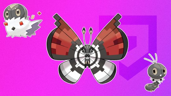 Pokémon Go's Vivillon next to a Spewpa and a Scatterbug against a purple background with the Pocket Tactics logo on it