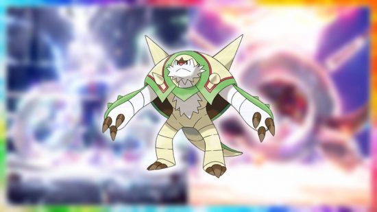 Pokemon Scarlet Violet Tera raid battles: Chesnaught appears against a blurred background