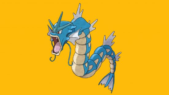 Pokémon water weakness: the pokemon Gyrados appears against a yellow background