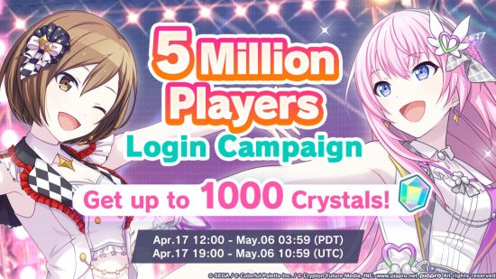 A Project Sekai events graphic showing Meiko and Luka celebrating the 5 million players login campaign