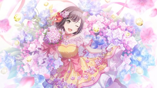 Project Sekai events: Ena Shinonome surrounded by pink and white flowers, wearing a yellow dress with a pink bow around the waist and pink accents.