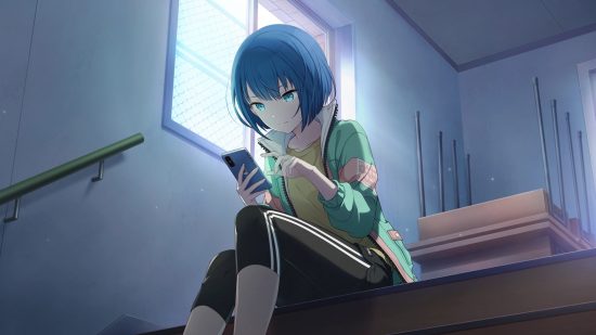 Project Sekai events: Haruka sat on some stairs inside a school in her training uniform, intensely looking at her phone with a worried expression.