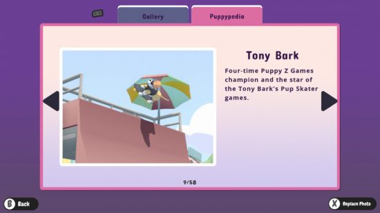 Zrzut ekranu wpisu Puppypedia dla Tony'ego Barka, psa na deskorolce.  Robi triki na halfpipe w kasku.