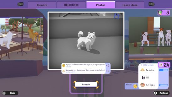 Zrzut ekranu z Pupperazzi przedstawiający czarno-białe zdjęcie białego, puszystego psa, który patrzy z przerażeniem w kamerę.  Komentarze w mediach społecznościowych pojawiają się poniżej i widoczny jest większy interfejs gry.