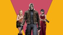 Resident Evil 4 history - Leon, Ashley, and Ada in front of a yellow and pink background