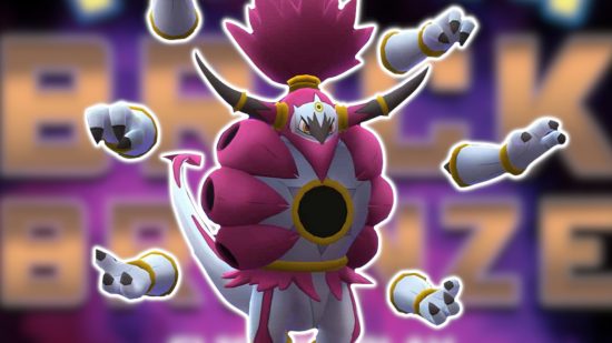Hoopa Unbound from Pokemon outlined in white and pasted over a blurred screenshot from Roblox games Project Bronze Forever.